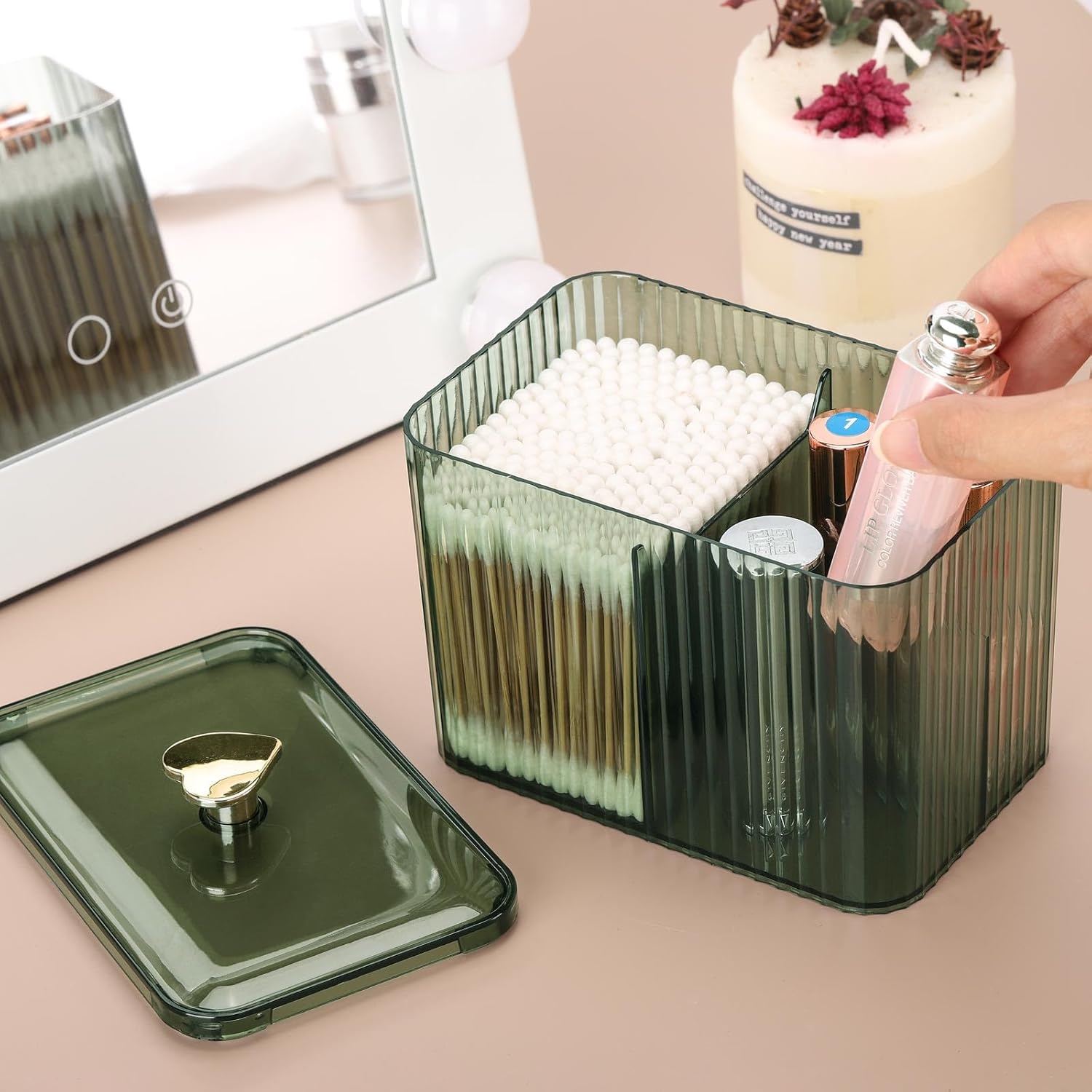Tbestmax Qtip Holder Dispenser 3-Section Clear Container Green