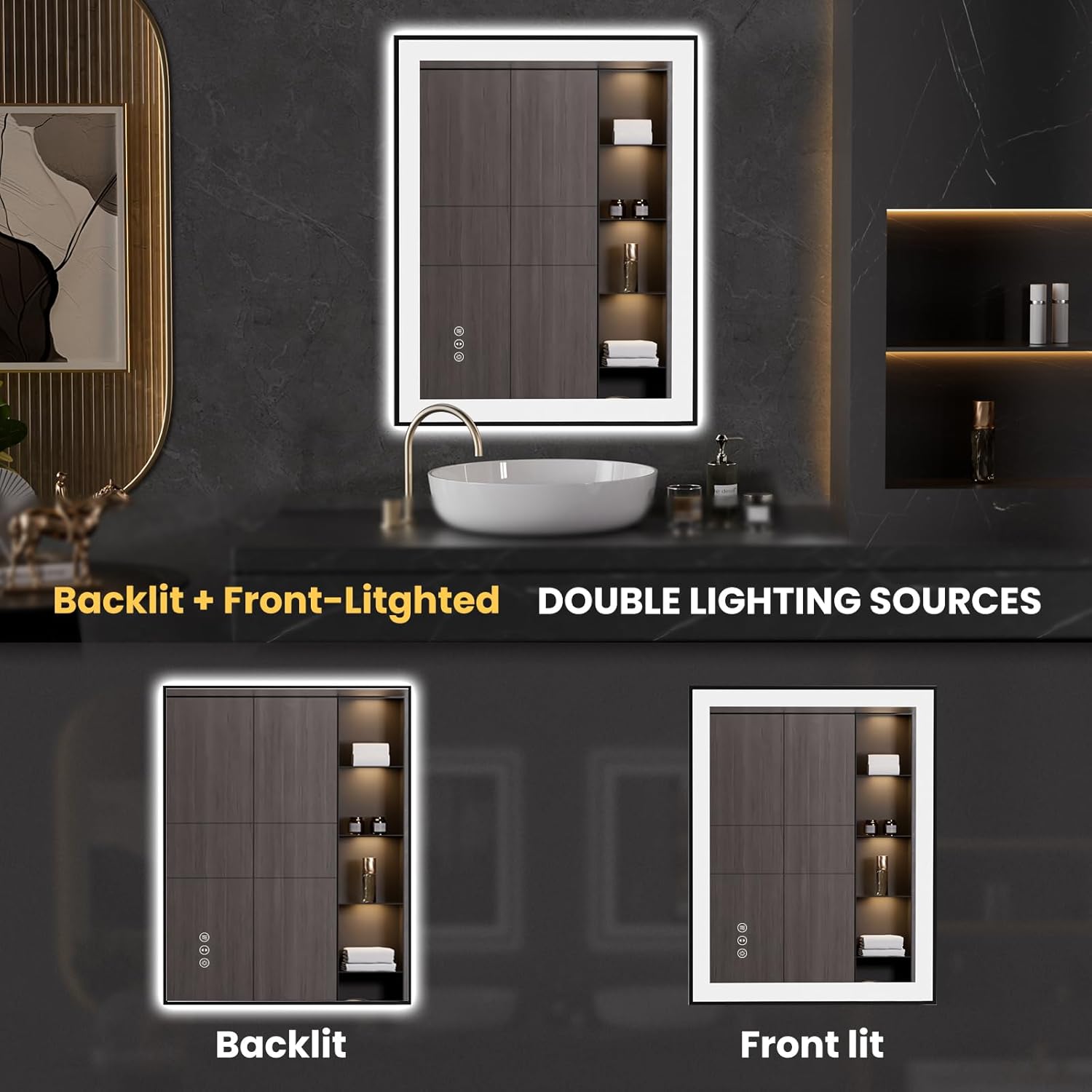 LOAAO 28X36 LED Bathroom Mirror with Black Frame