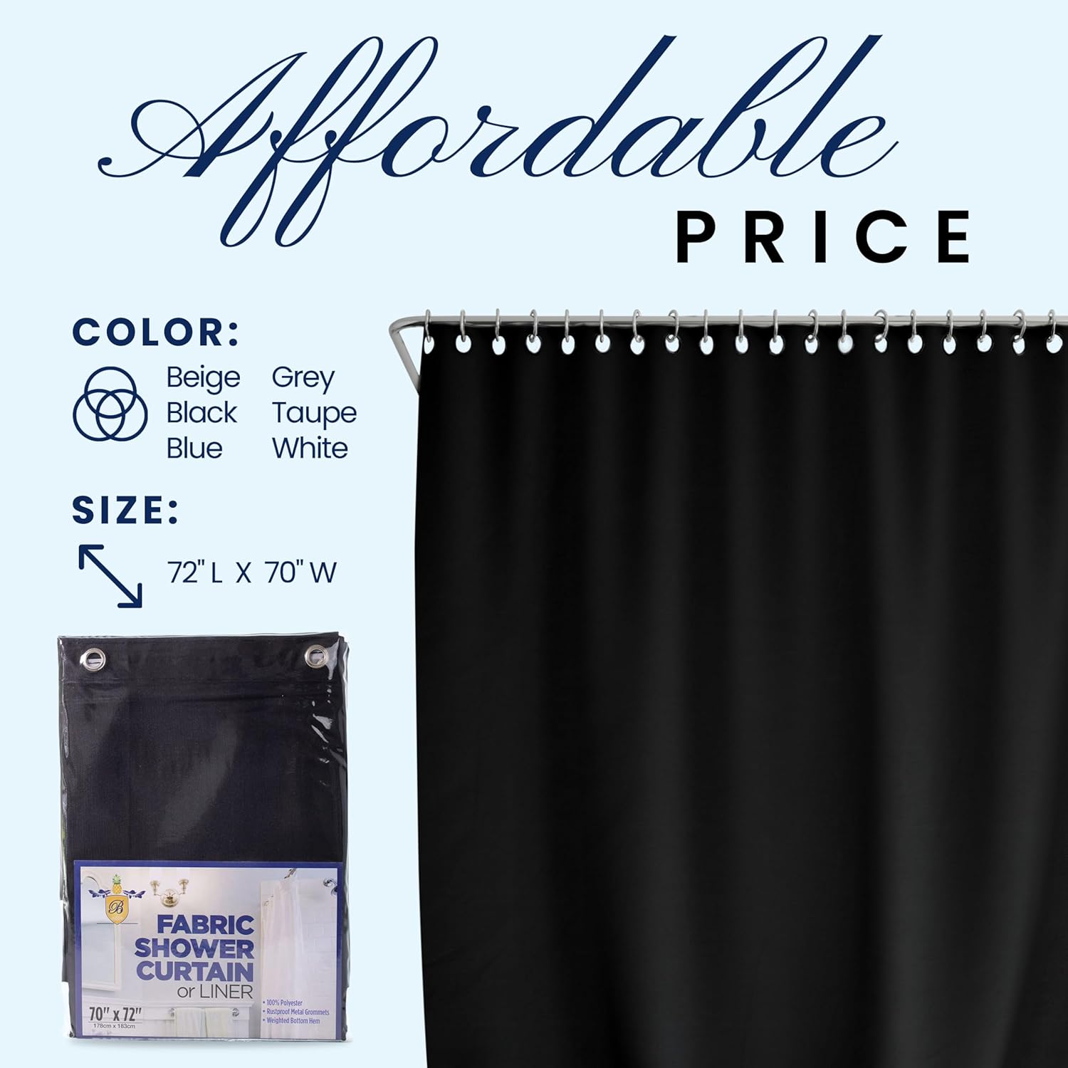 Broder MFG Fabric Shower Curtain Liner - Solid Black 70x72 1