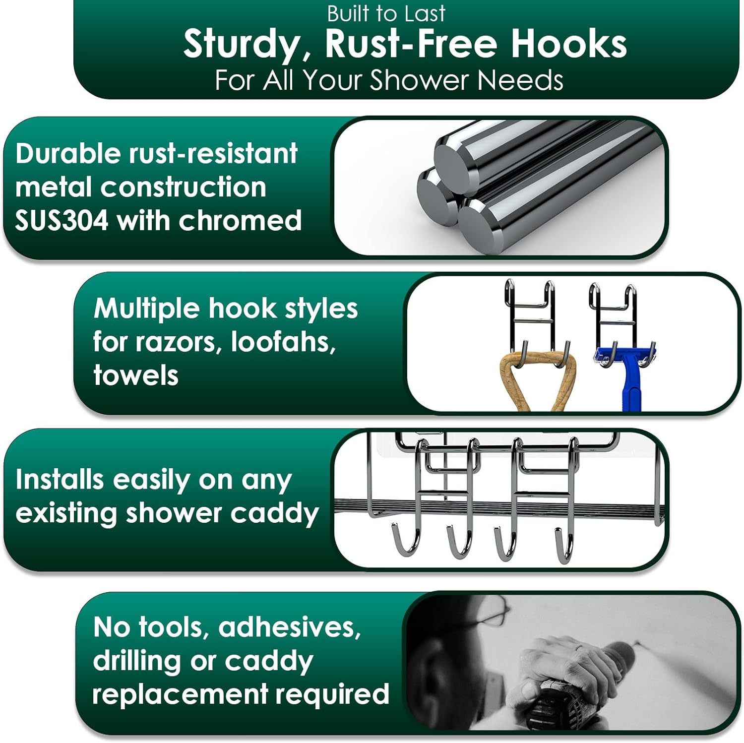Shower Caddy With Hooks - 2 Pack Silver