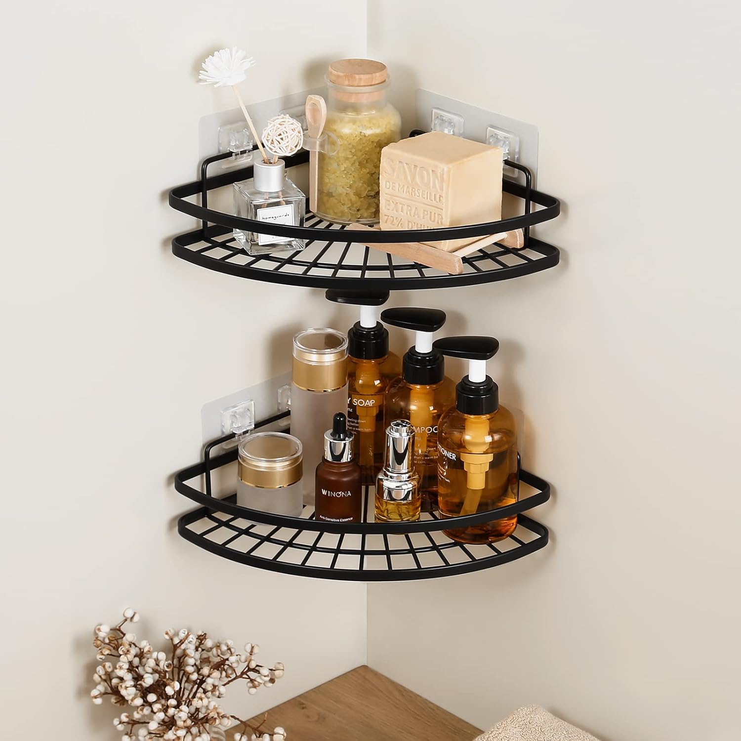 KES Matte Black Shower Caddy 2 Pack with Snap-Lock Hooks