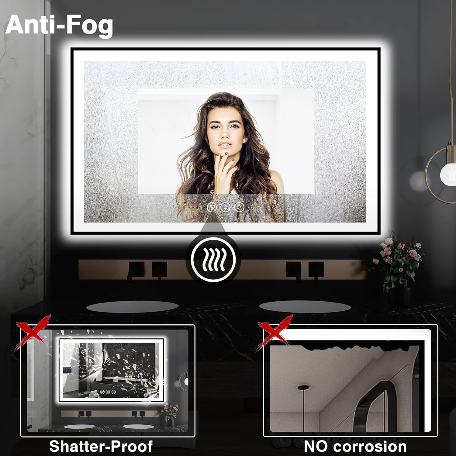 EchosLife 60x36 LED Mirror with Black Aluminum Frame