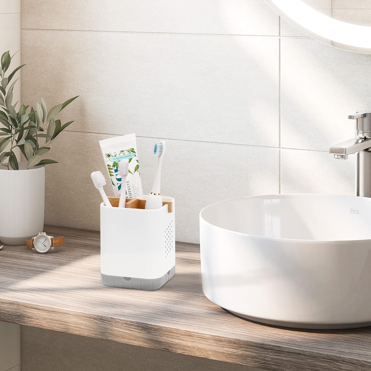 Boperzi Toothbrush Holder with Bamboo Divider and Drainage