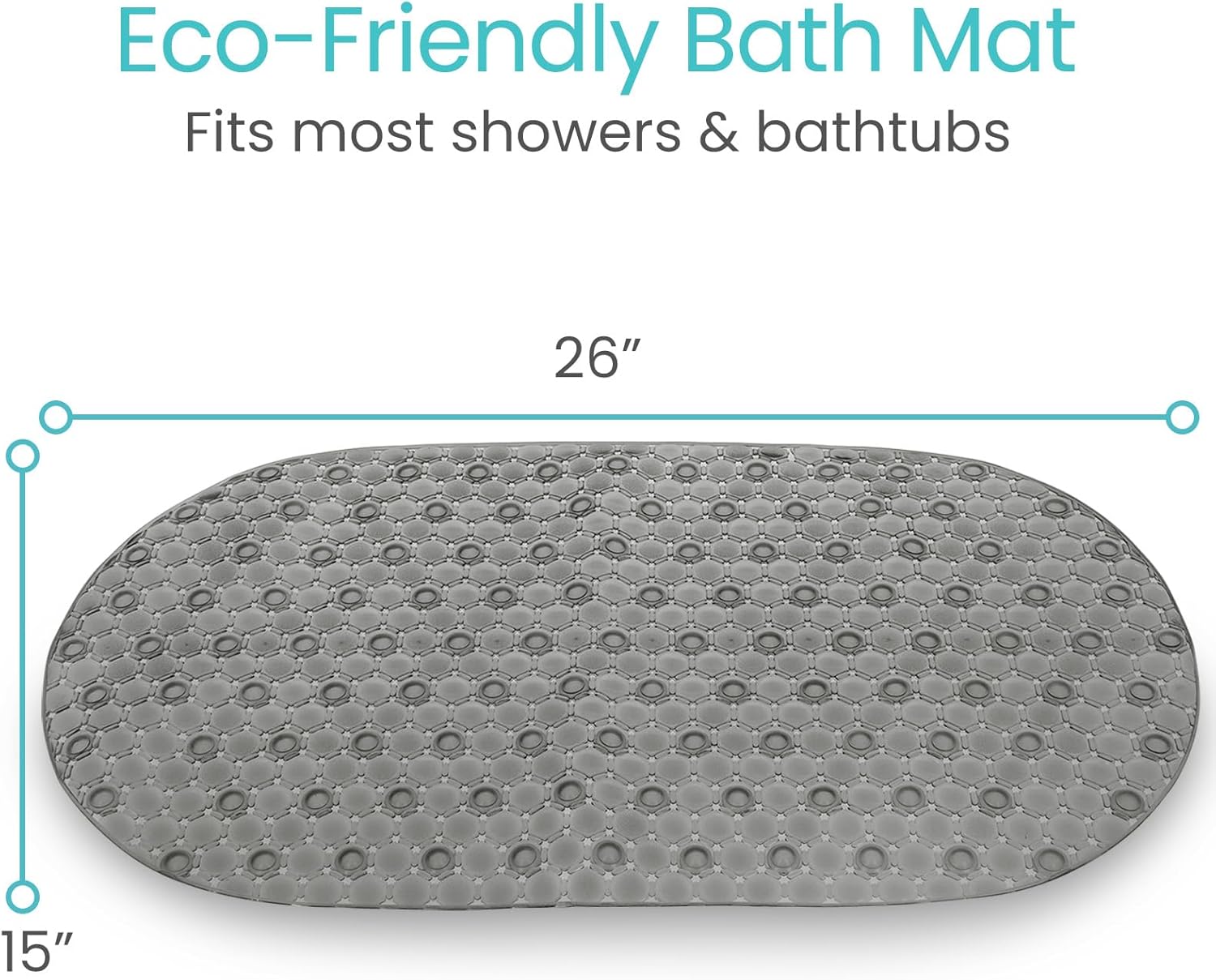 Vive Oval Bathtub Mat - Non-Slip Secure Durable Easy to Clean Gray