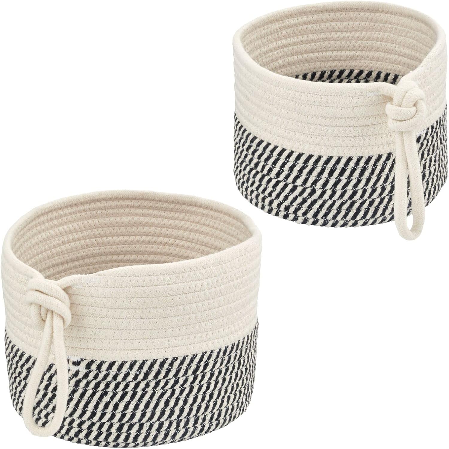 mDesign Casual Round Woven Cotton Rope Bathroom Basket Set - 2 Piece BlackWhite