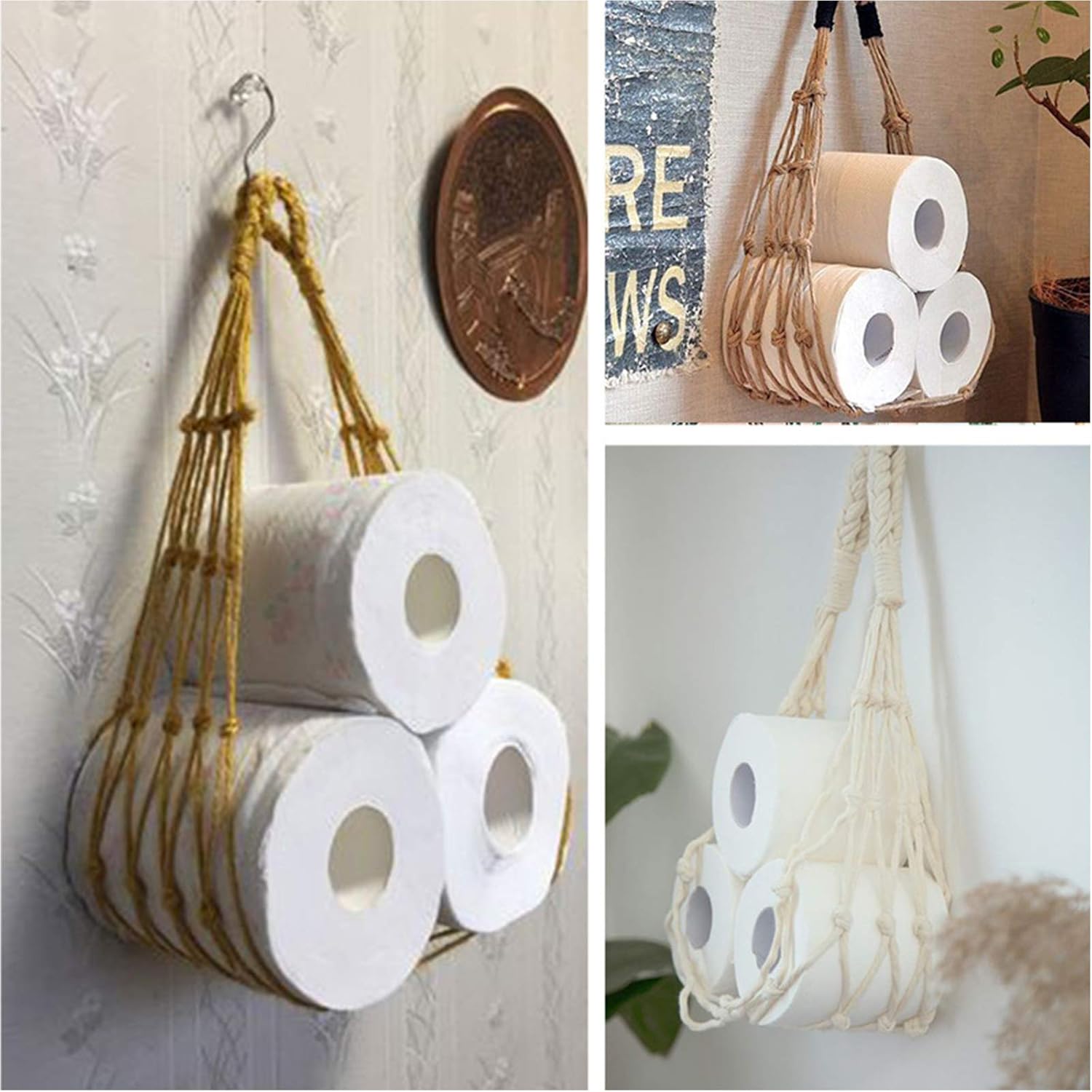 Boho Cotton Toilet Paper Holder with Natural Wood Frame