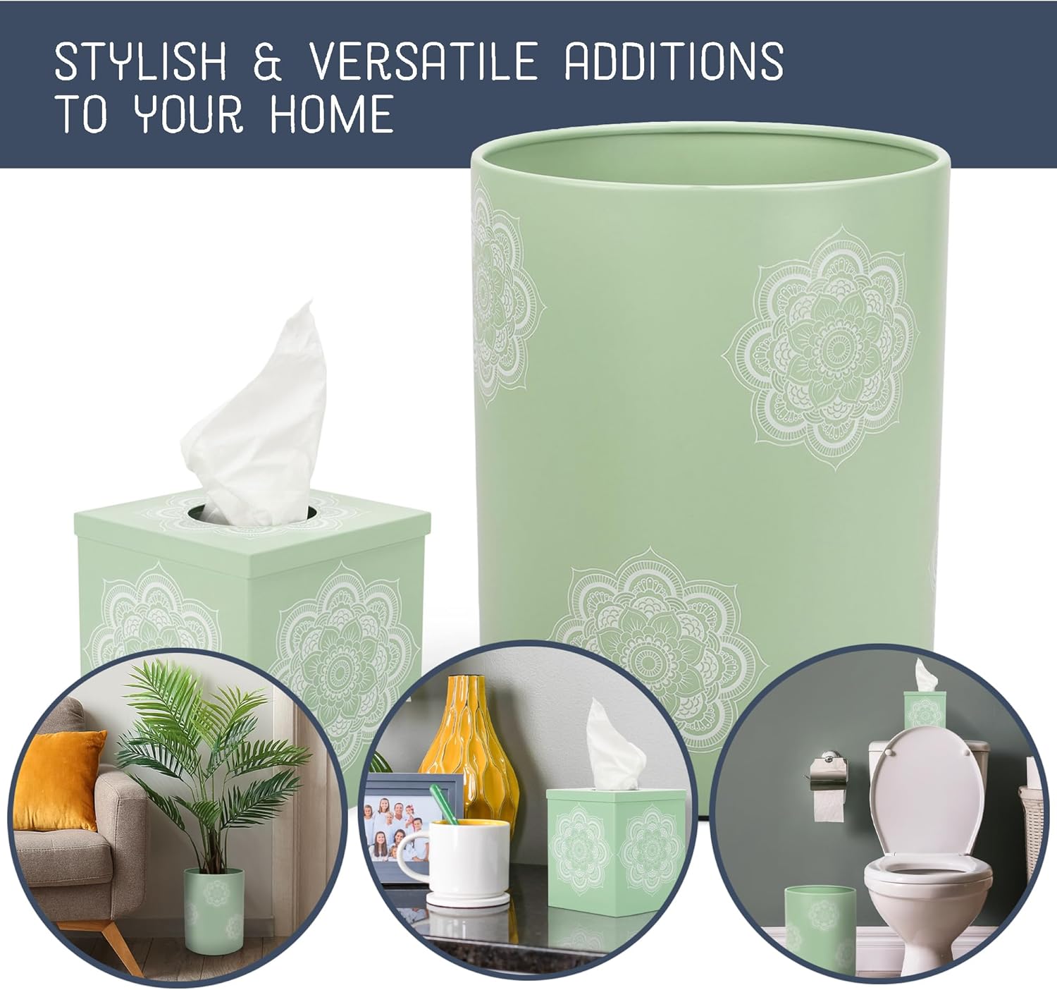 Mandala Round Trash Can and Tissue Box Holder Set
