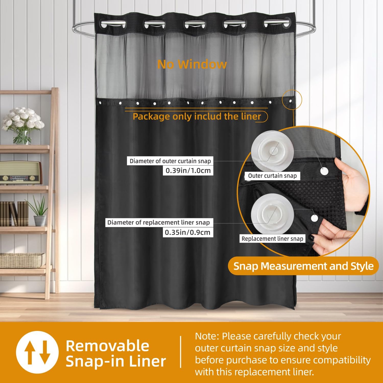 1 Pack Fabric Snap-In Shower Curtain Liner Replacement Black 70x54