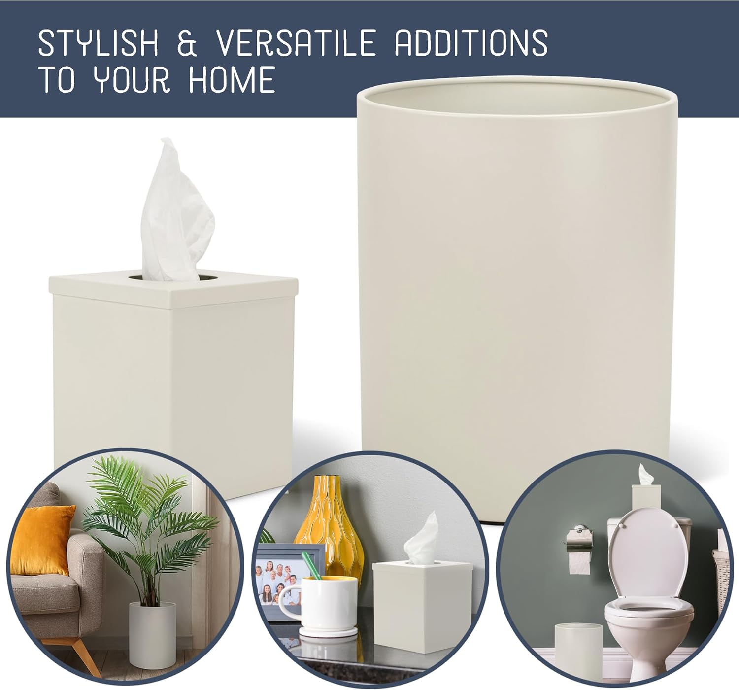 Round Bathroom Trash Can and Tissue Holder Set of 2 White