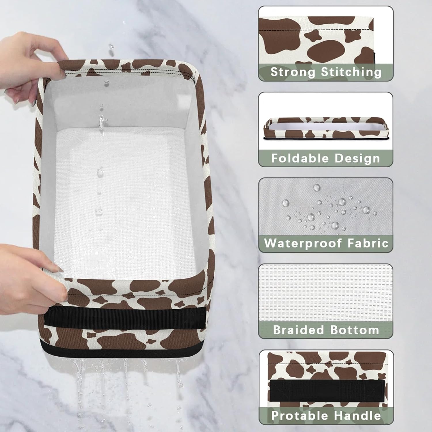 Cow Pattern Brown Bathroom Basket 2 Pack Foldable