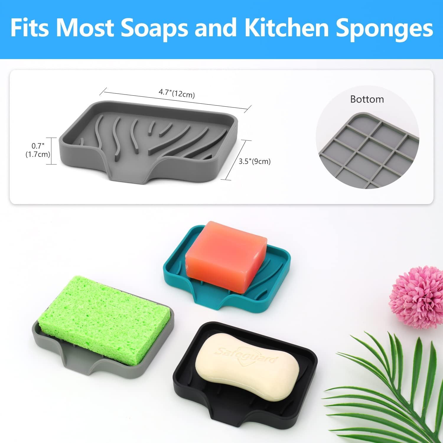 3-Pack Premium Silicone Soap Dishes - Self Draining Anti-Slip Easy to Clean