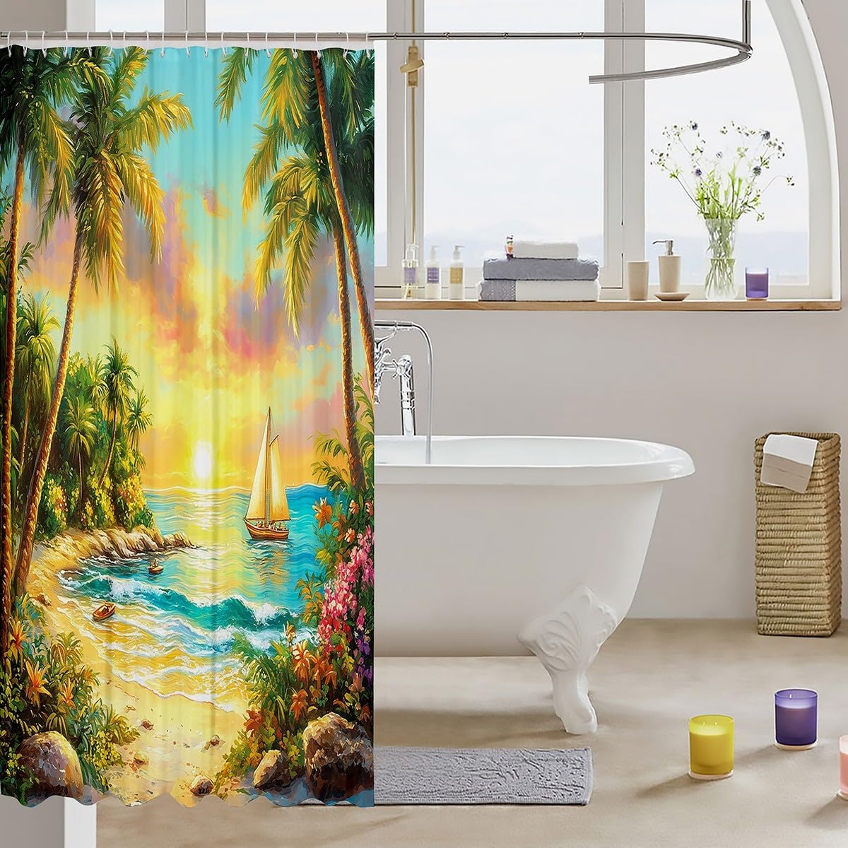 Manfei Tropical Ocean Beach Shower Curtain Set with 12 Hooks 72x72