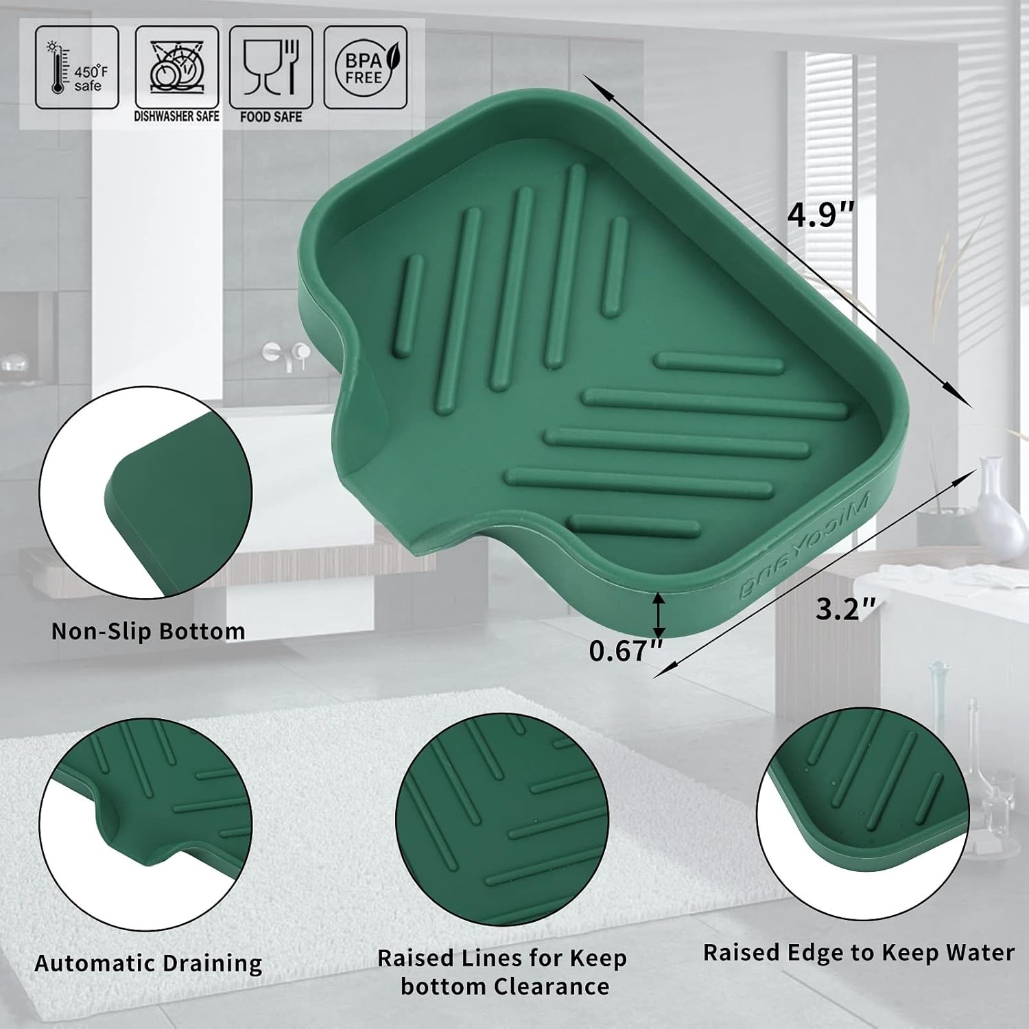 MicoYang Silicone Soap Dish with Drain Spout - Green 49x32 Inch