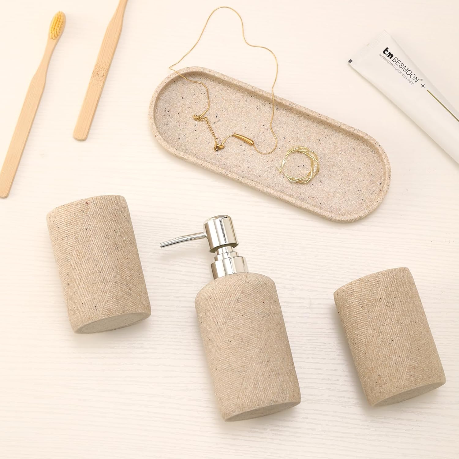 Haocoott Bathroom Accessories Set 4 Pieces Modern Decor Beige