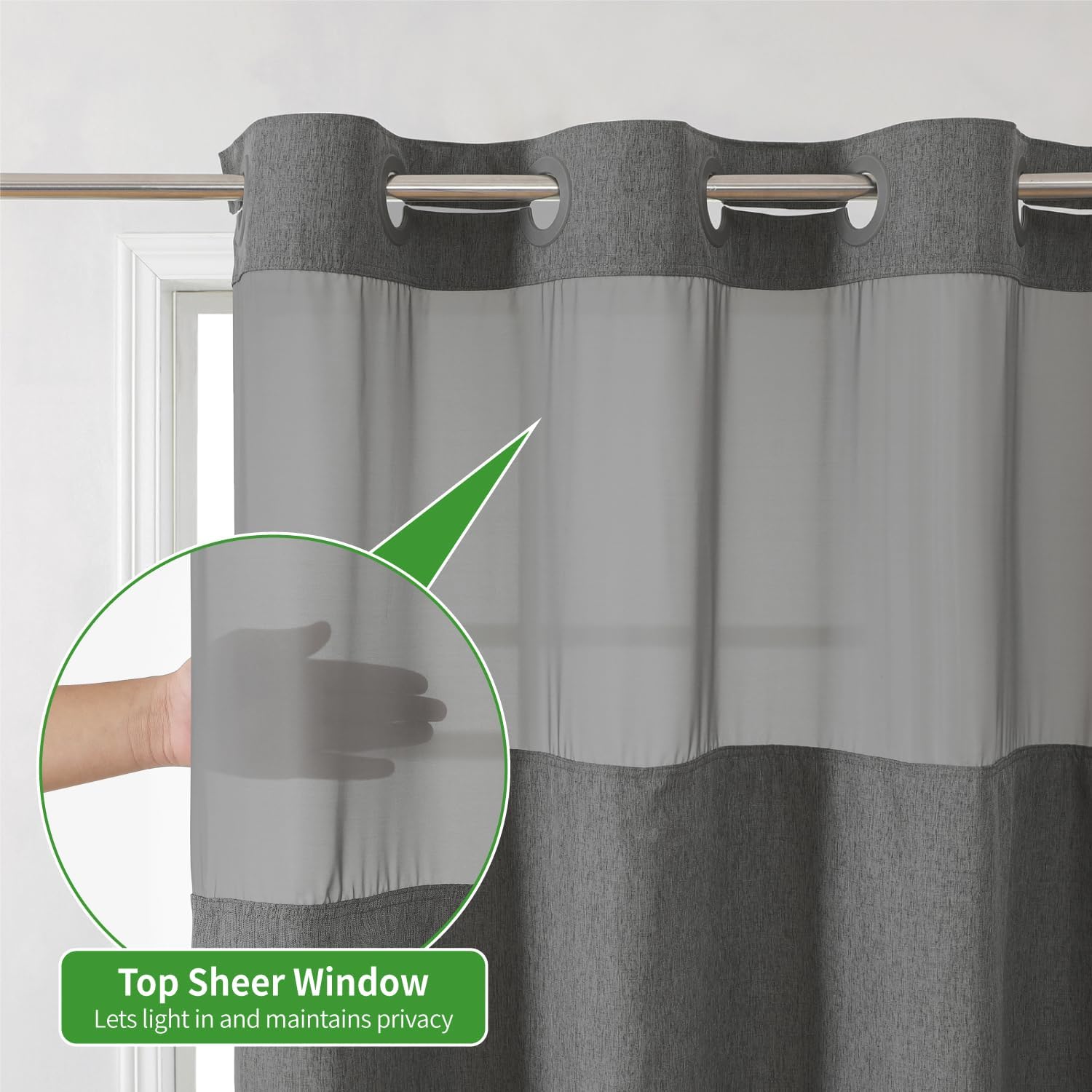 Linen Textured Shower Curtain Set with Snap-in Liner Charcoal Grey