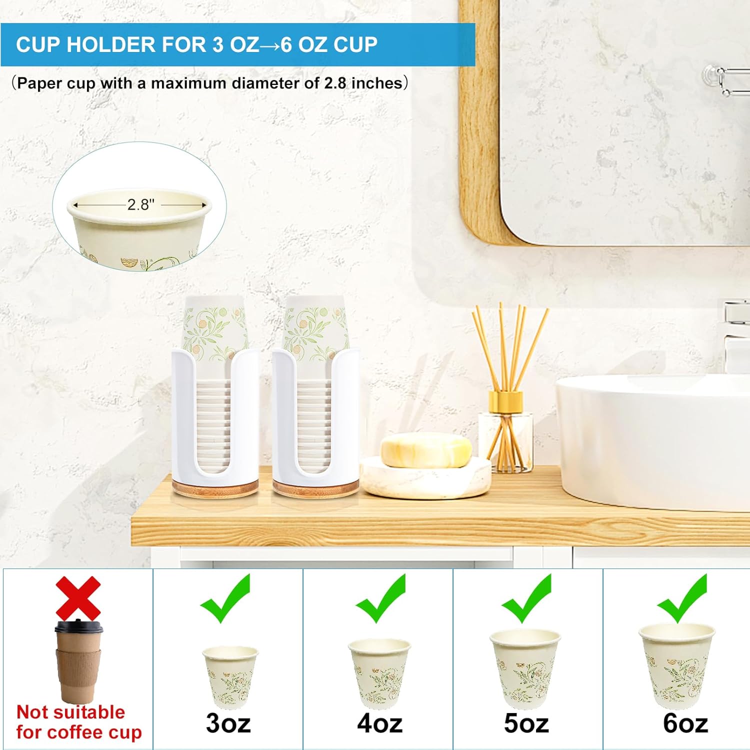 Large Bathroom Cup Dispenser - 2 Pack Plastic Bamboo White