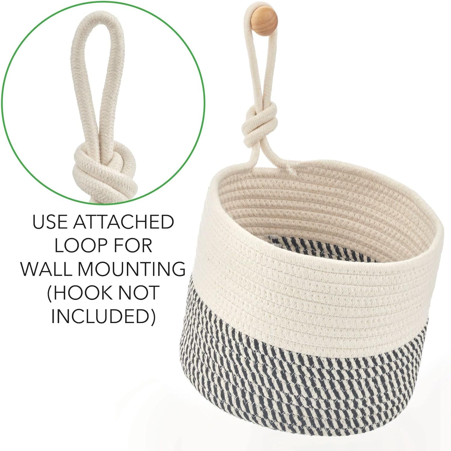 mDesign Casual Round Woven Cotton Rope Bathroom Basket Set - 2 Piece BlackWhite