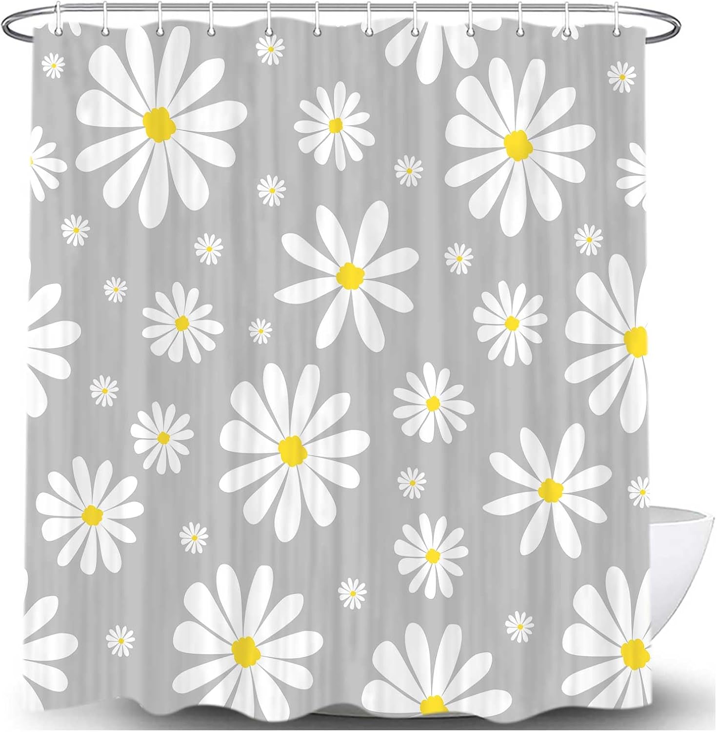 Grey Daisy Floral Shower Curtain Set with Hooks 72x75 Inch