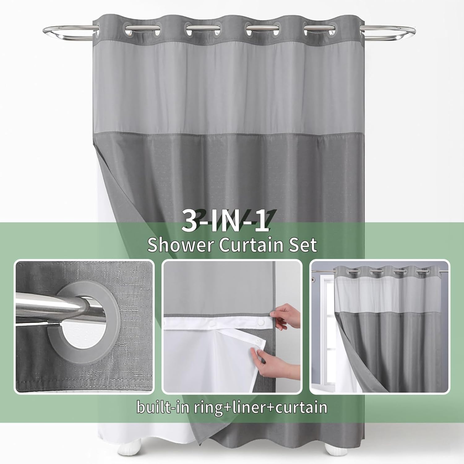 Grey No Hook Shower Curtain with Snap-in Liner Set 1
