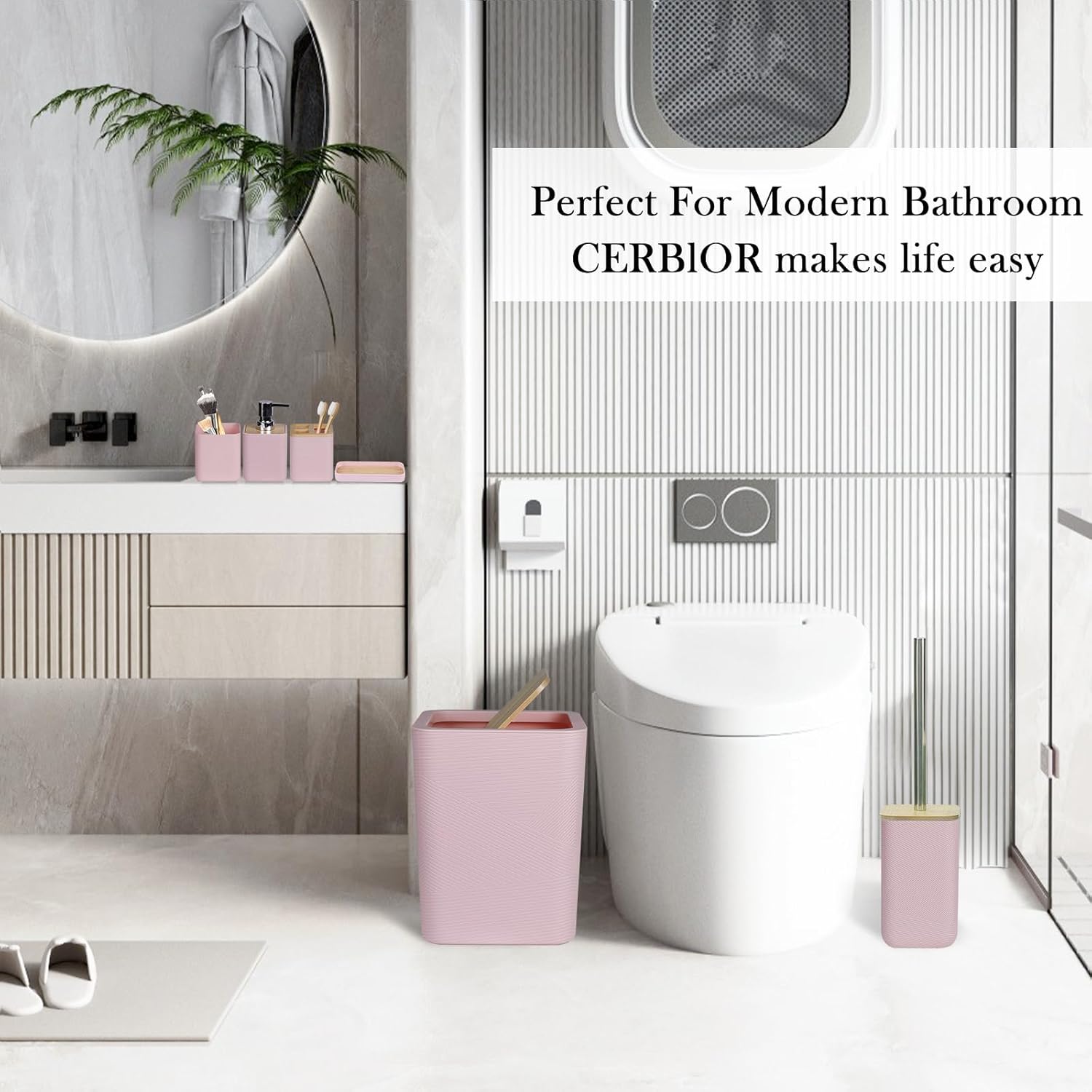 CERBIOR 6-Piece Bamboo Bathroom Accessory Set Pink 1
