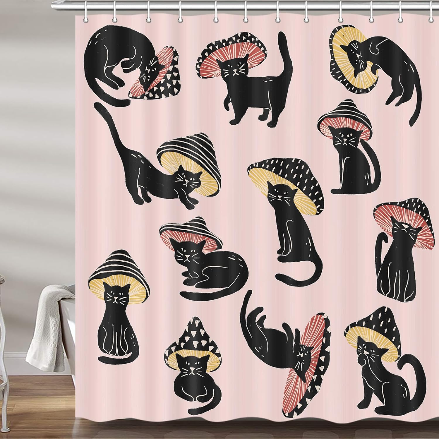 MERCHR Cute Funny Cat Mushroom Shower Curtain 72x72 Inch 1