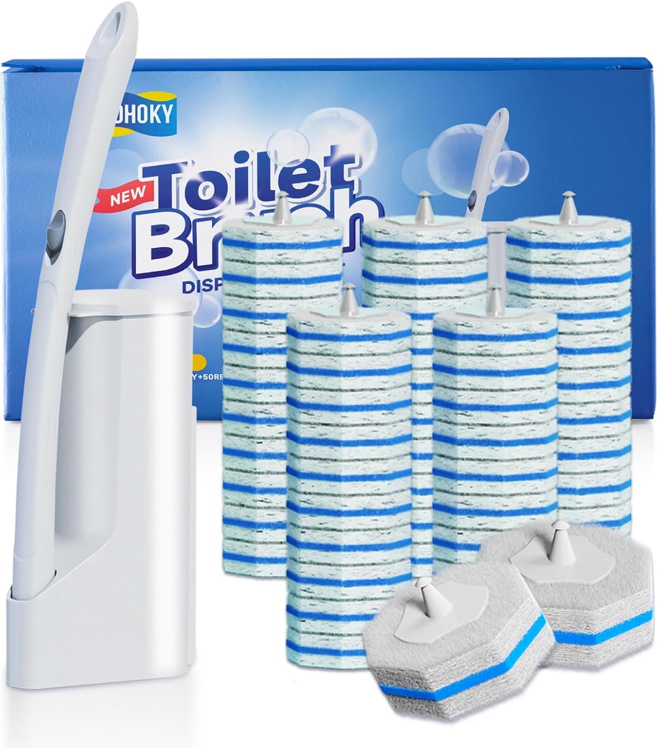 Hohoky Disposable Toilet Brush with 50 Refills and Wall Mount Holder