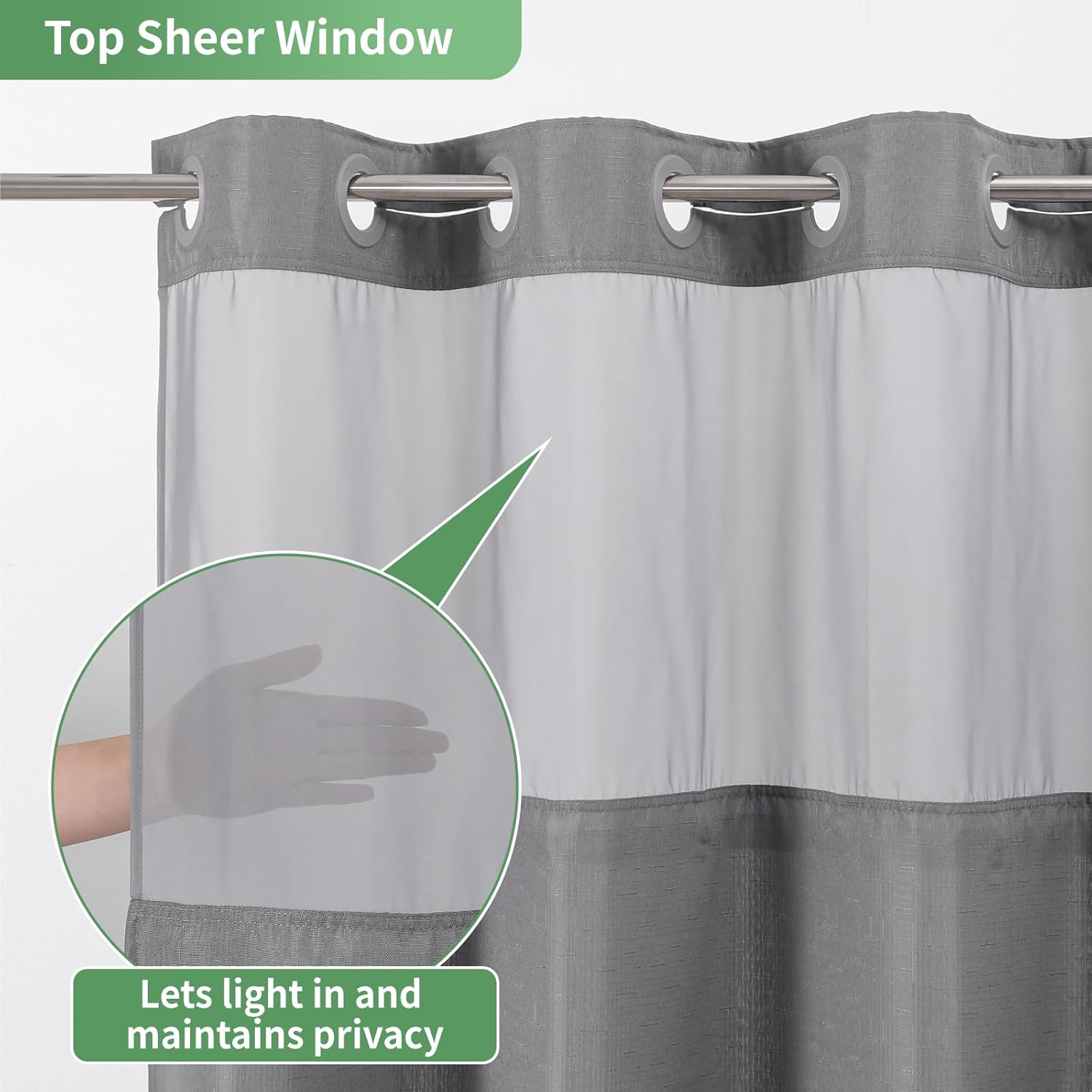 Grey No Hook Shower Curtain with Snap-in Liner Set 1