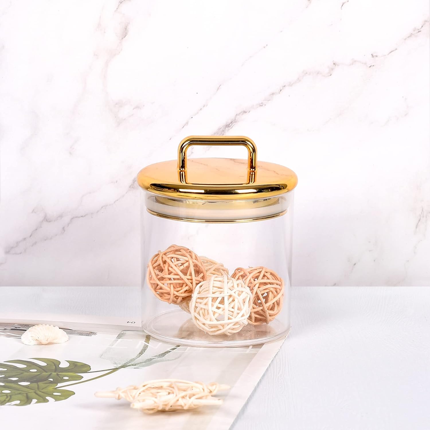YUEJUM 16 Oz Acrylic Storage Jar with Gold Lid Bathroom Organizer