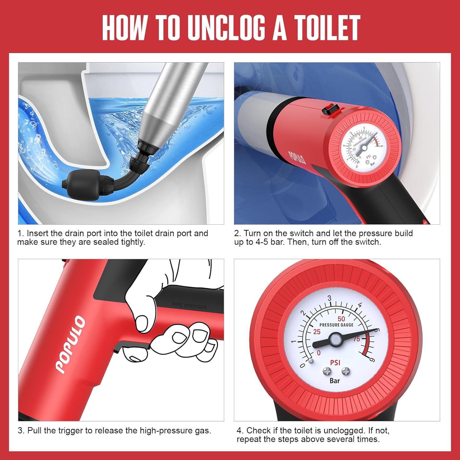 POPULO Ultimate Electric Toilet Plunger - Bendable Head Safe Design Eco-Friendly