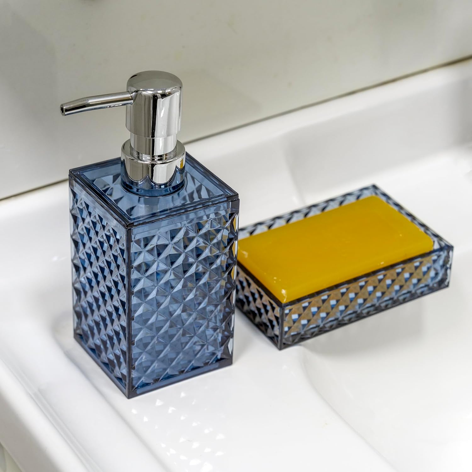 Blue Bathroom Accessories Set 4PCS Dark Navy Diamond Pattern