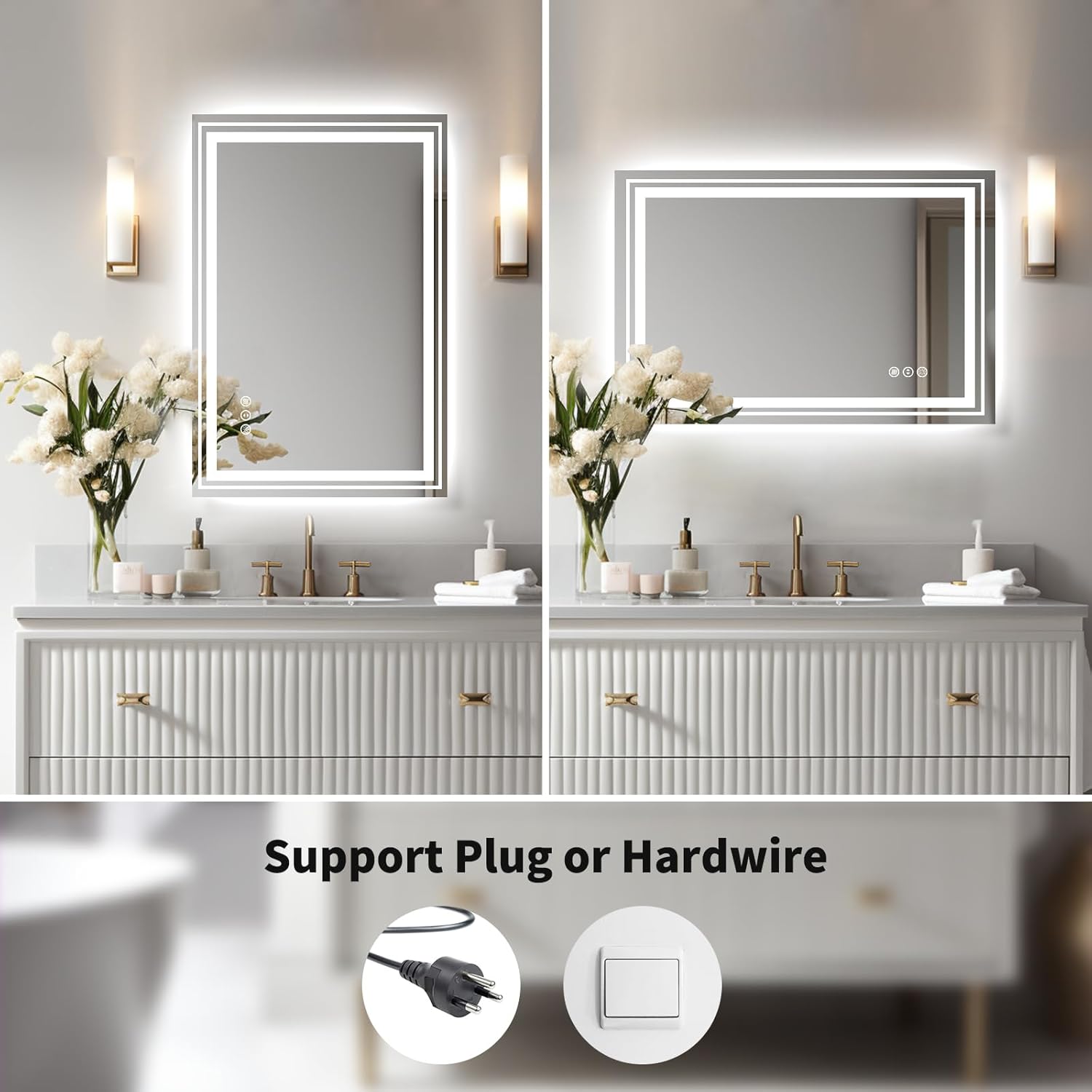 WTTY 24x32 LED Bathroom Mirror with Anti-Fog and Dimmable Lights