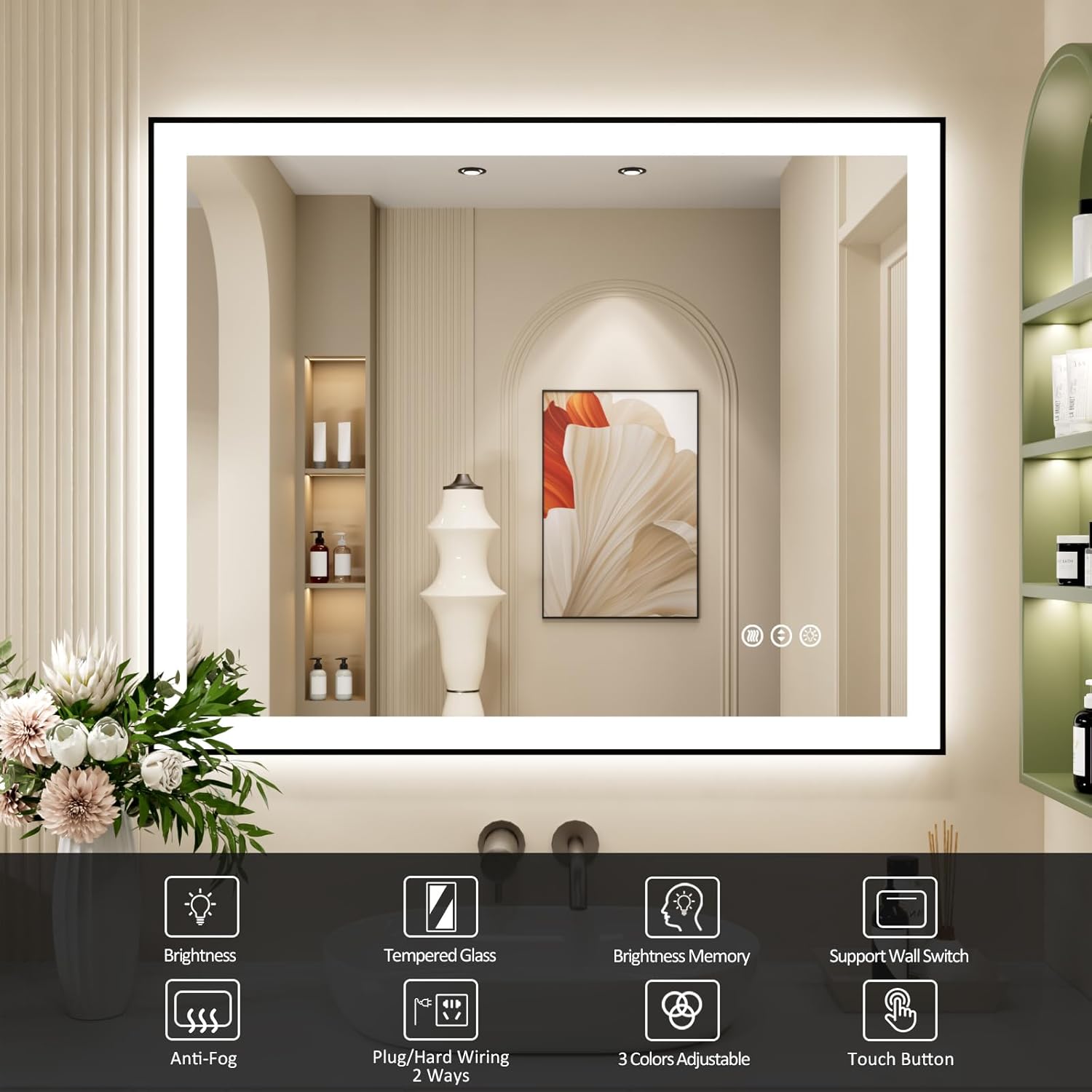 40x32 Inch LED Bathroom Mirror with Black Frame