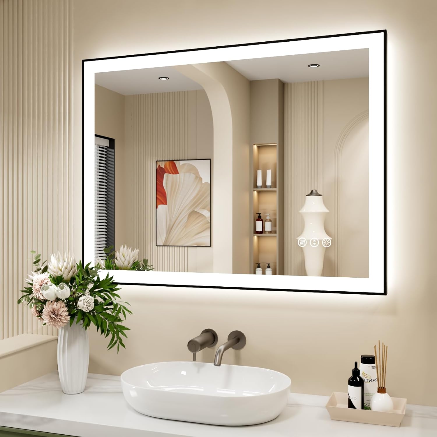 40x32 Inch LED Bathroom Mirror with Black Frame