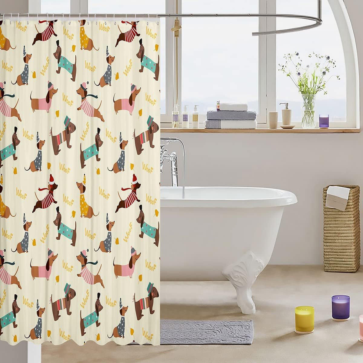 Feelyou Dachshund Bath Curtain 72x72 Kids Cute Puppy Shower Curtain Set