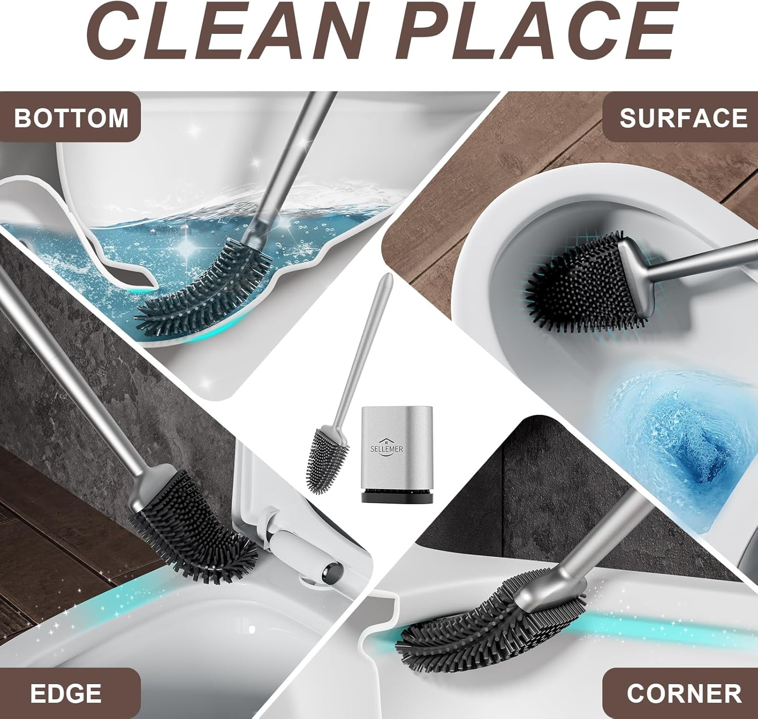 Sellemer Toilet Brush with Silicone Bristles and Holder
