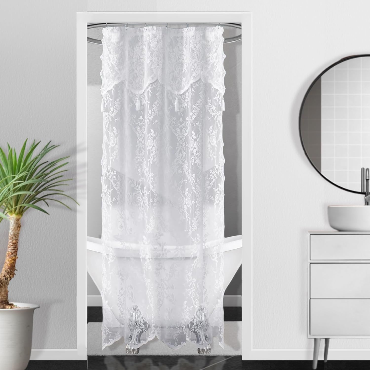 Warm Home Designs White Stall Shower Curtain 36x72 with Valance Tassels