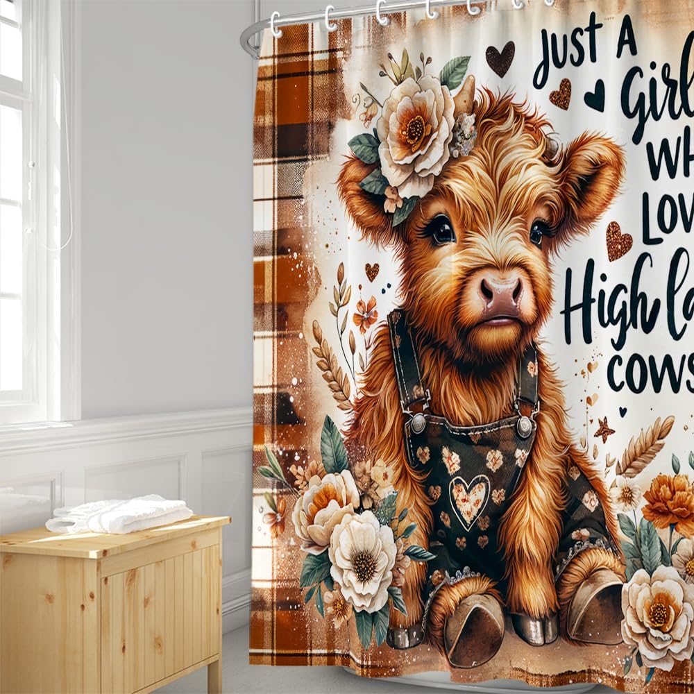 Funny Highland Cow Shower Curtain with 12 Hooks
