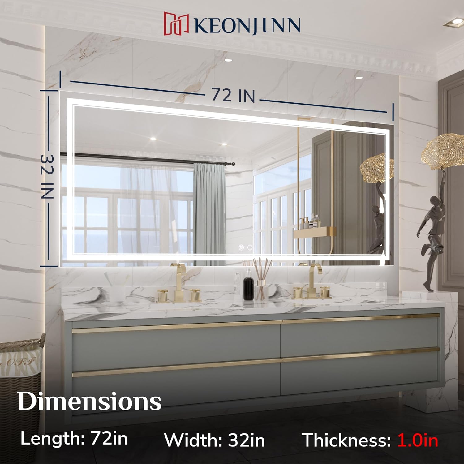 Keonjinn 72 x 32 Inch LED Wall Mirror with Lights