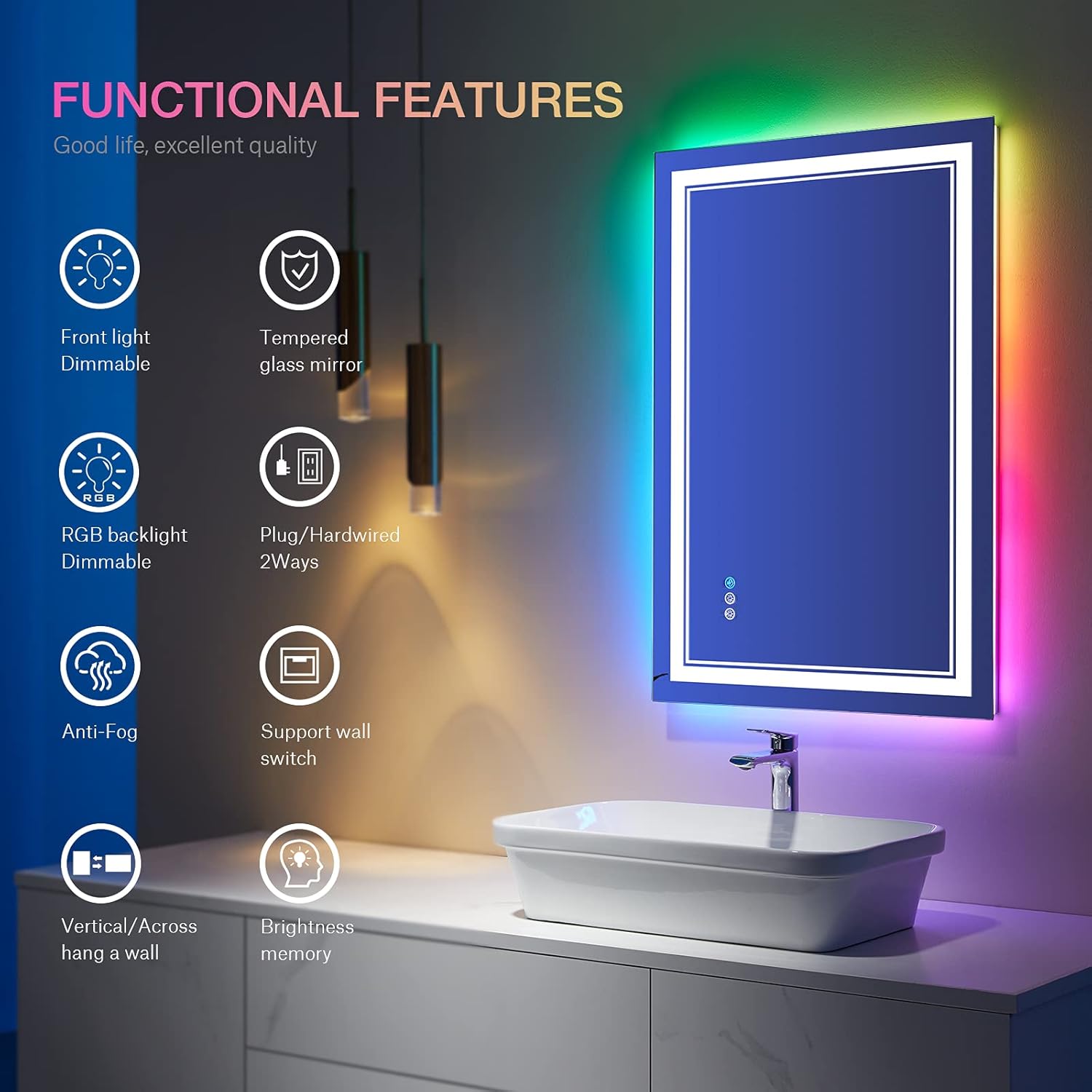 30x36 Inch RGB LED Bathroom Mirror with Anti-Fog 1