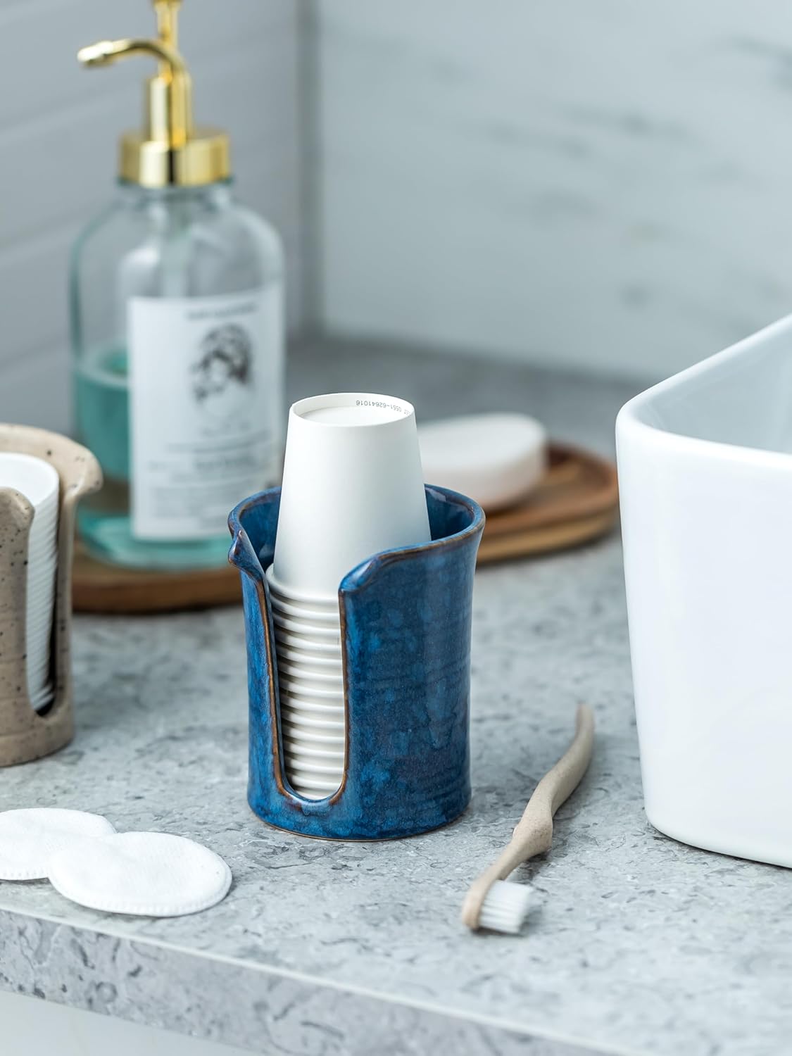 YHOJOY Ceramic Cup Holder 3 Oz Blue Bathroom Dispenser
