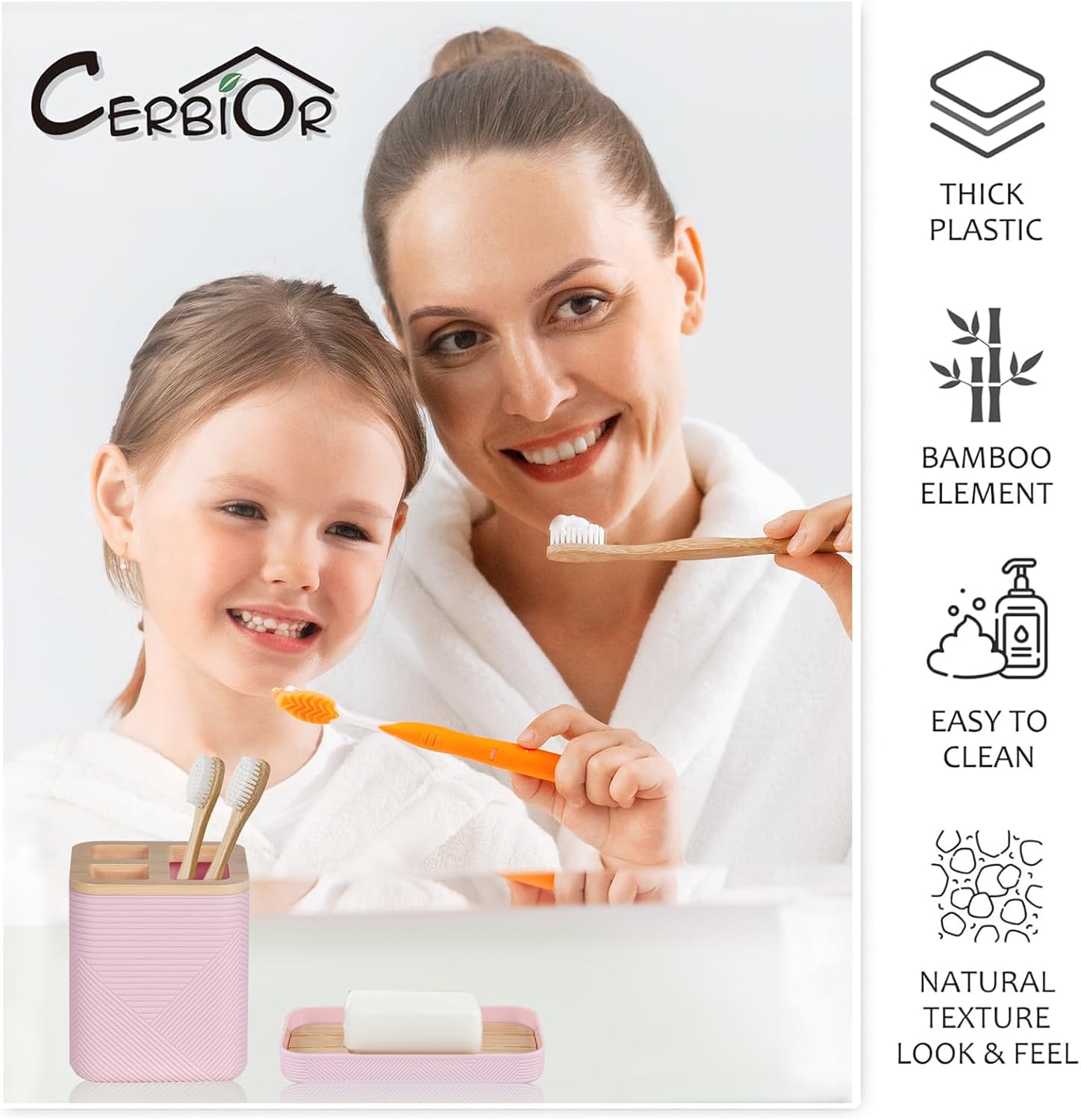CERBIOR 6-Piece Bamboo Bathroom Accessory Set Pink 1