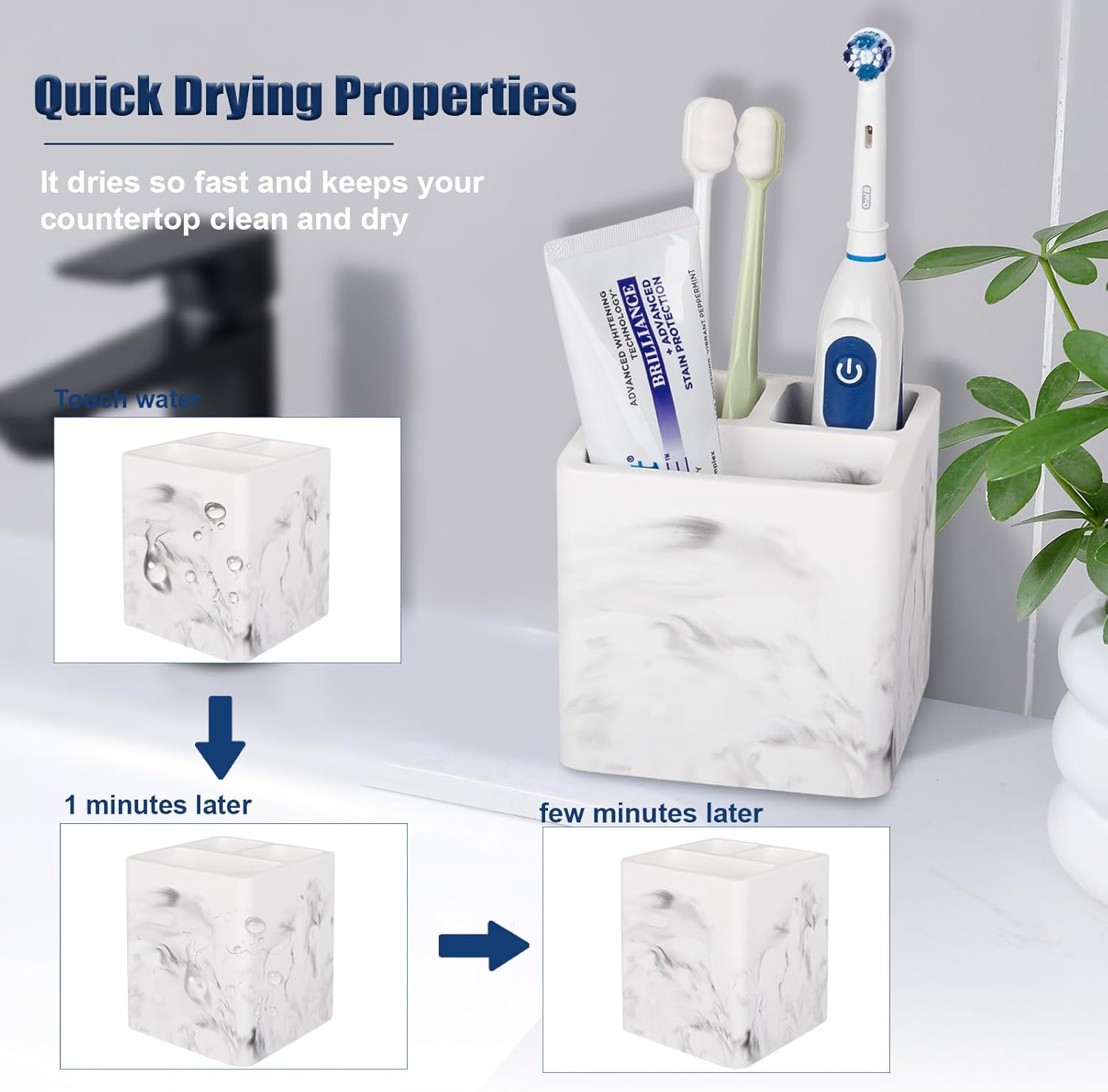 Heagoale Diatomite Toothbrush Holder 3 Slots Marble White 1