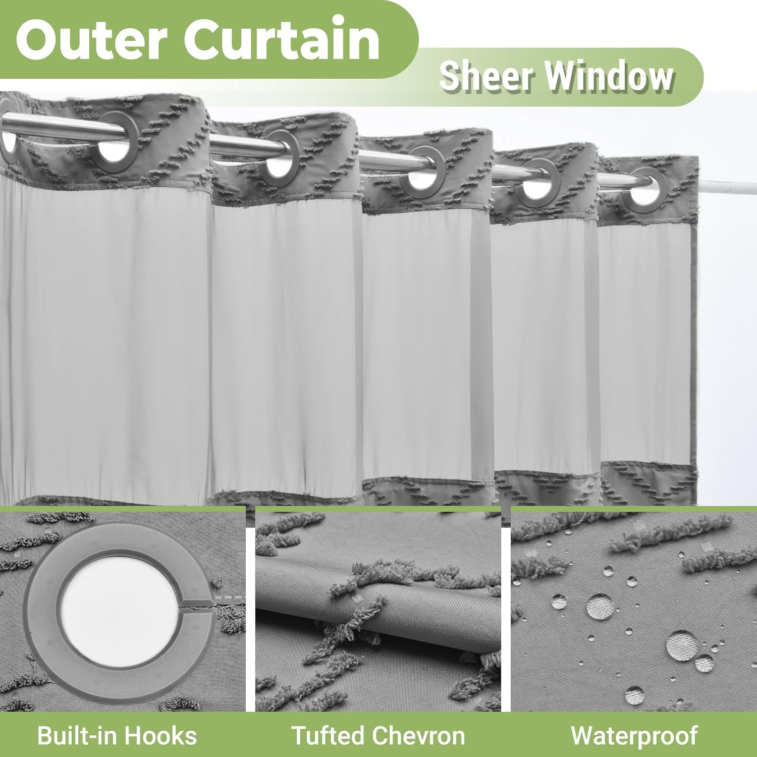 WONICY 3-in-1 Shower Curtain Set with Liner Grey 71x74 Inches