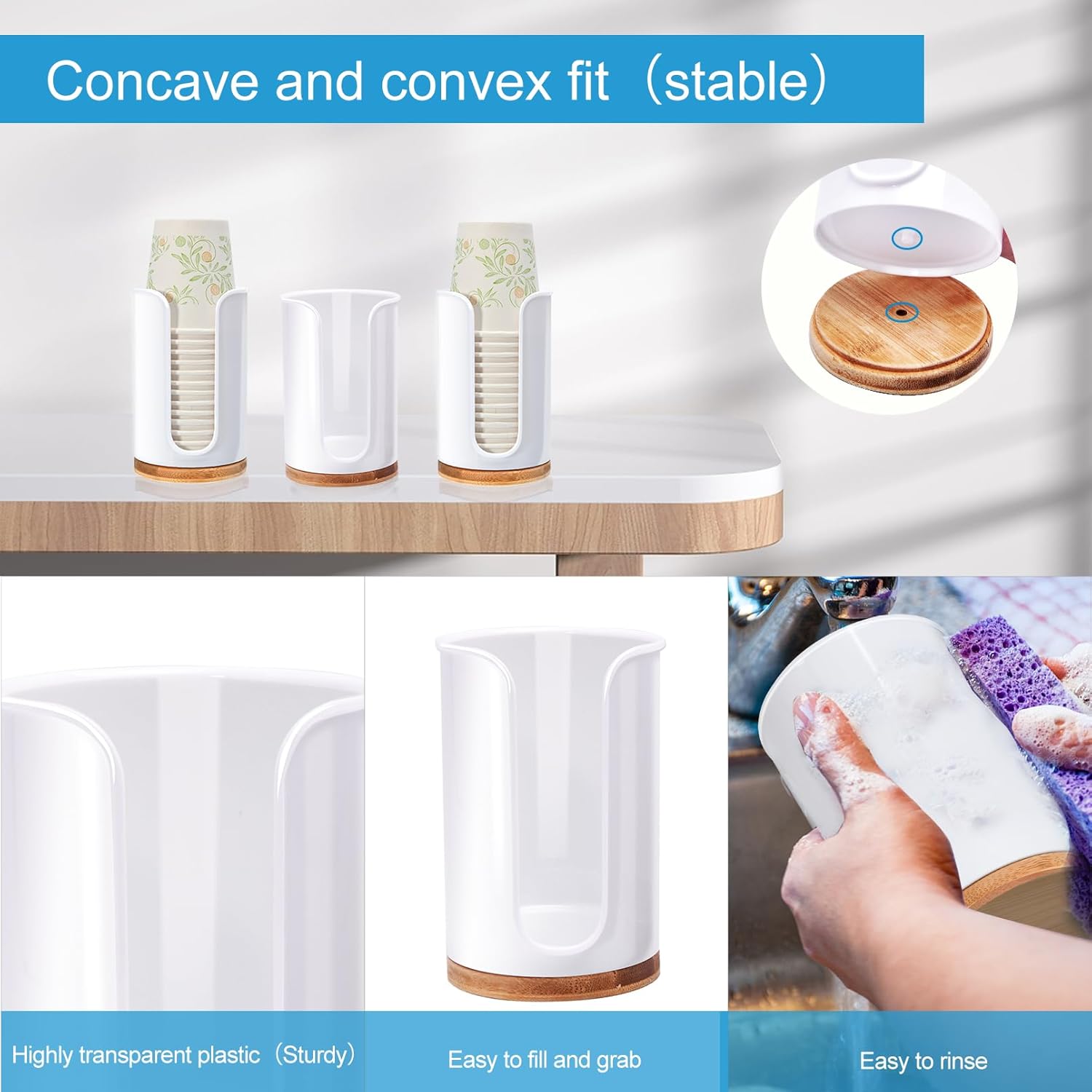 Large Bathroom Cup Dispenser - 2 Pack Plastic Bamboo White