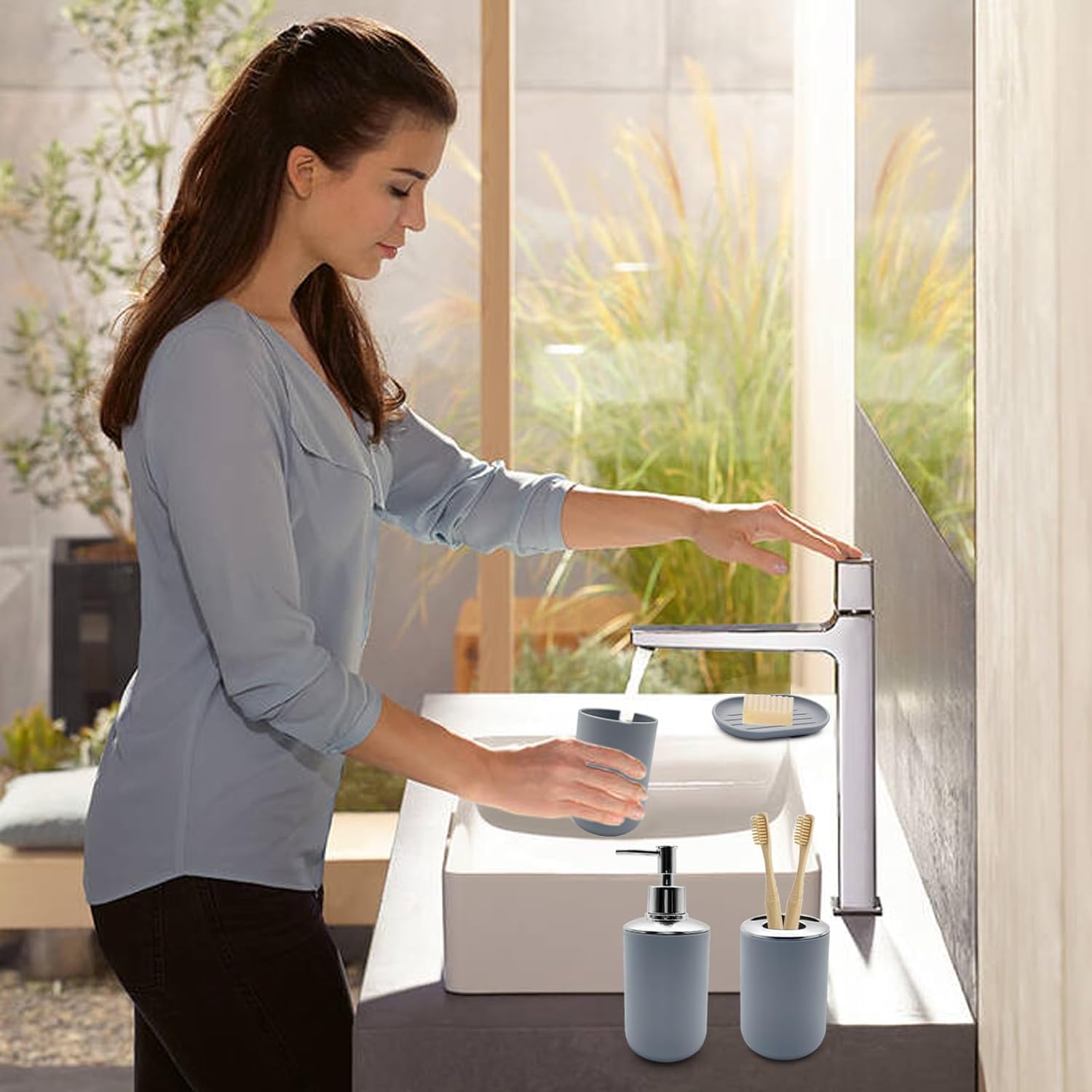 WBJKZJD 4pcs Shatter-Resistant Resin Bathroom Accessory Set Grey