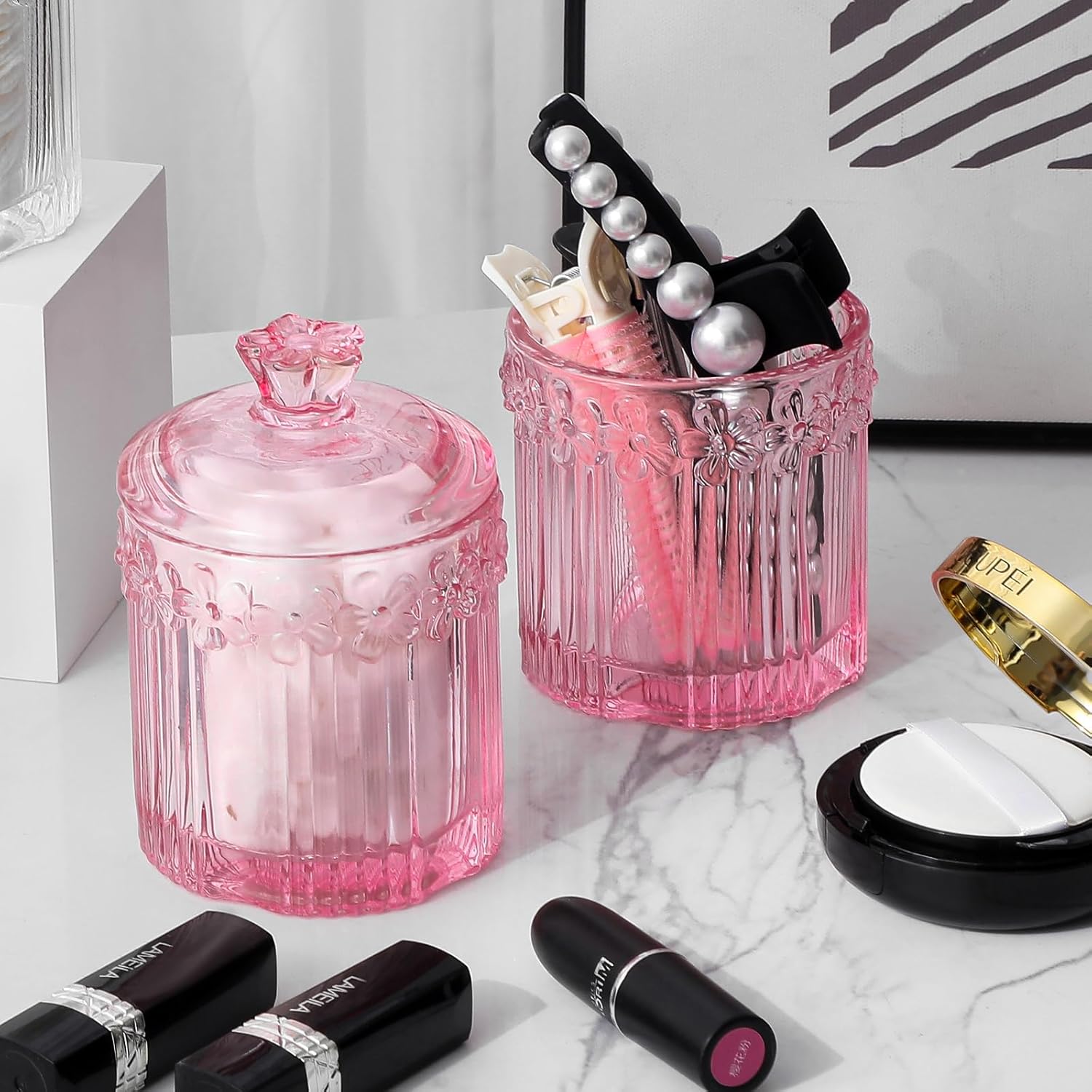 Rejomiik 2 Pack Qtip Holder Glass Jars with Lids