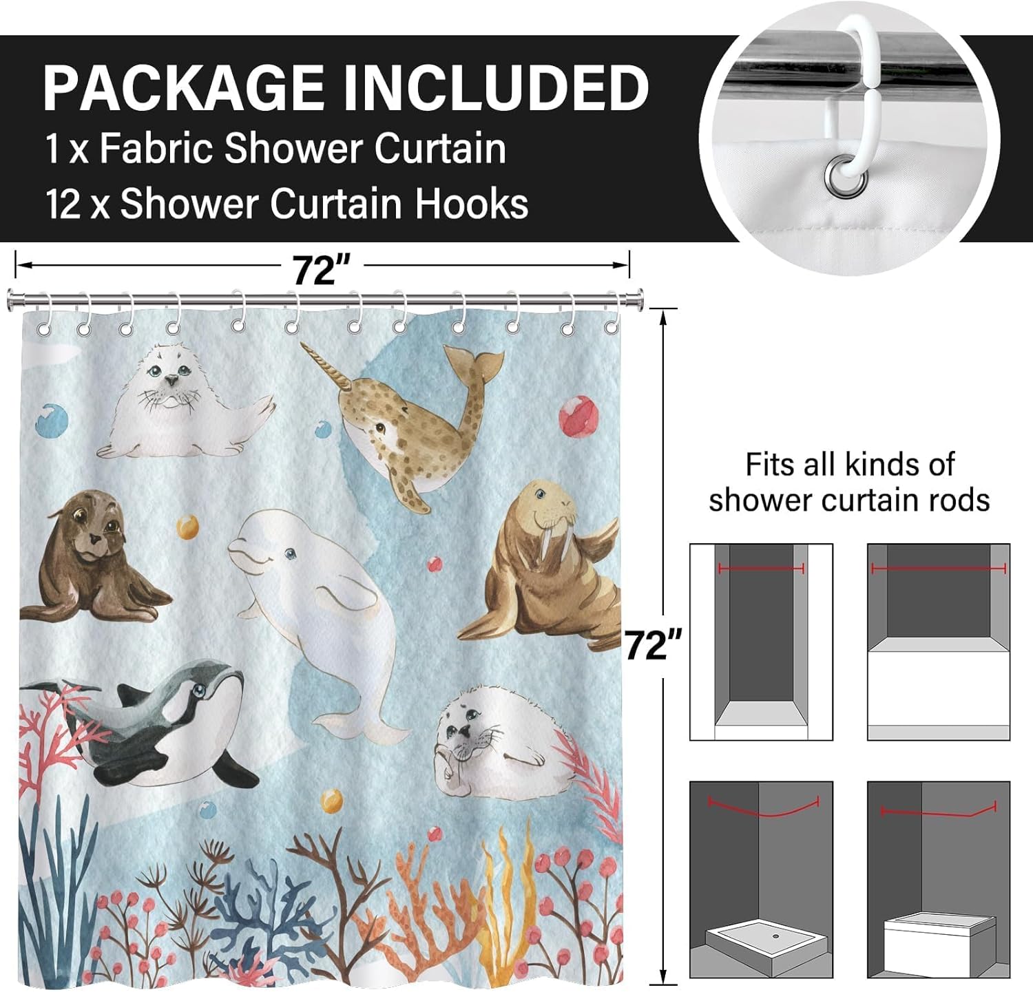 Cute Ocean Animal Shower Curtain 72x72 Inches