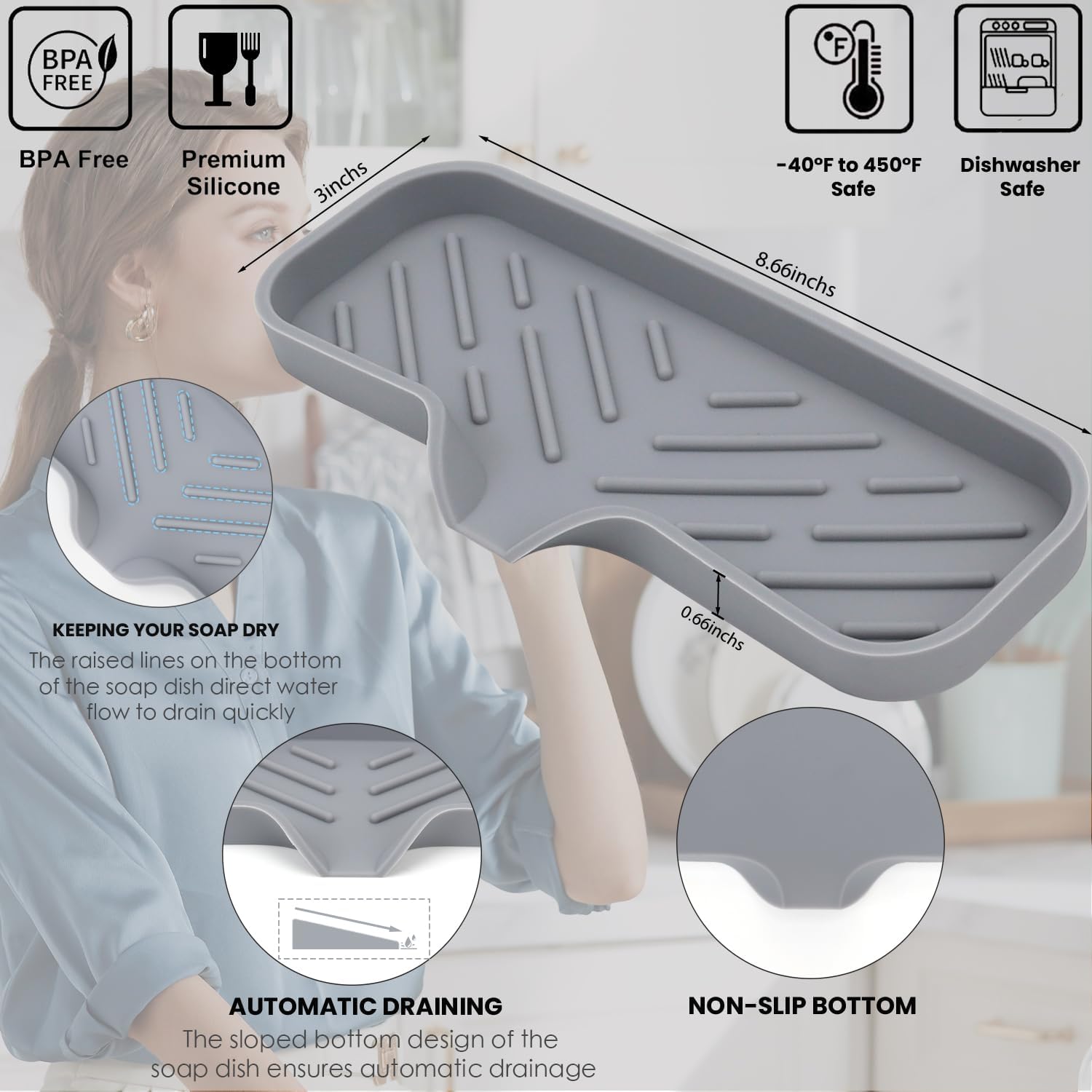 YASMEN Silicone Soap Dish with Drain Gray 9 x 315