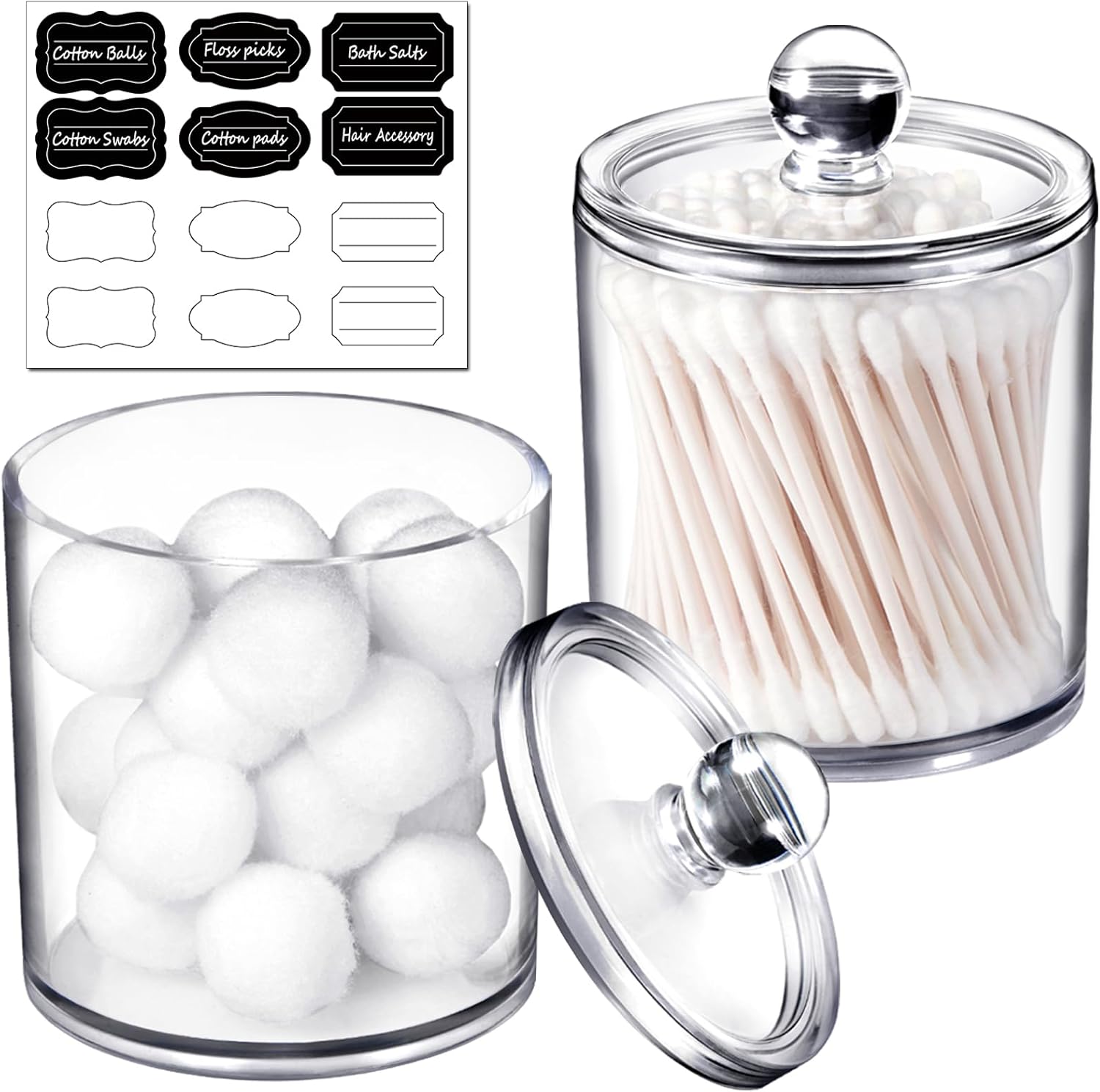 SheeChung 2 Pack Q-Tip Dispenser Clear Plastic Jars with Labels 1