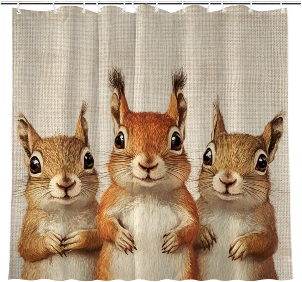Funny Squirrel Design Shower Curtain Set with 12 Hooks 72x72